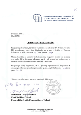 Certyfikat Koszerności 2026 dla Zeelandia